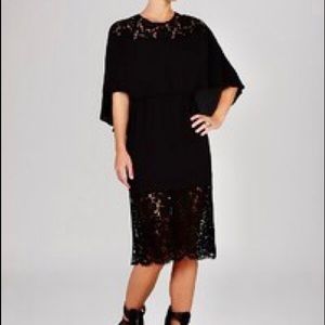 BCBGMAXAZRIA BLACK LACIE LACE-BLOCKED CAPE DRESS